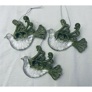 Ornaments Doves Clear Acrylic Green Glitter Tail Wings Sun Catchers Set of 3